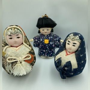 VTG Japanese Ichimatsu Composition doll And 2 Japanese Hime Daruma Dolls